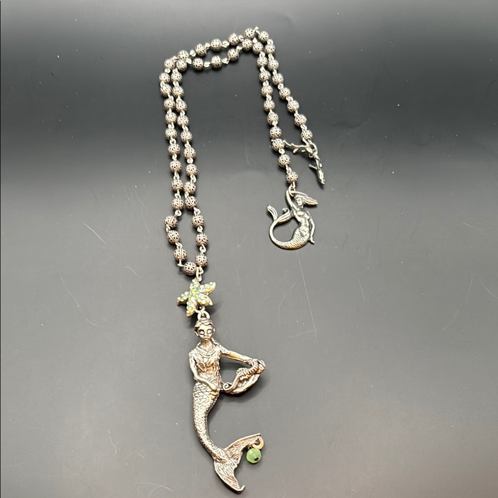Pewter Mermaid Necklace with Green Bead and Crystal Accents